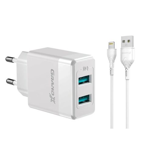 Сетевое зарядное устройство Grand-X (2xUSB 2.4А) White (CH-50WL) + кабель Lightning