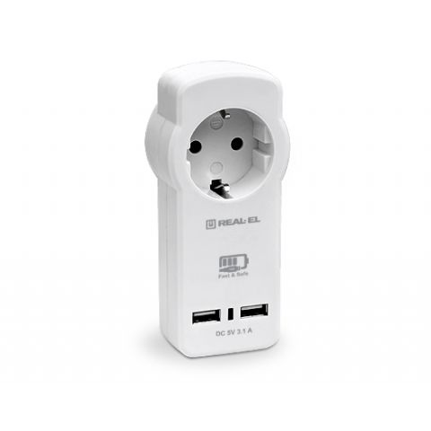 Сетевое зарядное устройство с розеткой REAL-EL CS-30 (2USB, 3.1A) White