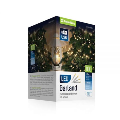 Светодиодная гирлянда ColorWay (CW-G-100L10U) 100LED, 10м, 8 функций, теплый цвет, 220V