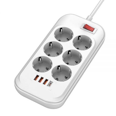 Фильтр питания ColorWay CW-CHE64PDW 6 розеток, 4USB (Type-C PD20W + 3USB QC3.0) (38W), 2м, White