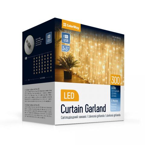 Светодиодная гирлянда ColorWay (CW-GW-300L33U) штора 300LED, 3х3м, теплый цвет, USB