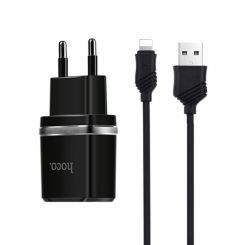 Сетевое зарядное устройство Hoco C12 Smart 2.4A 2USB Black (S23146) + кабель Lightning