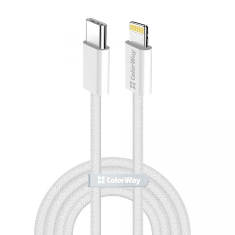 Кабель ColorWay USB Type-C - Lightning (M/M), (braided cotton) (PD Fast Charging 27W), 2 м, Gray (CW-CBPDCL068-GR)