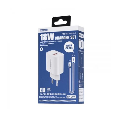 Мережевий зарядний пристрій Remax Kiddy Series 18W White (1USB 2.1 А) + кабель USB Type-C