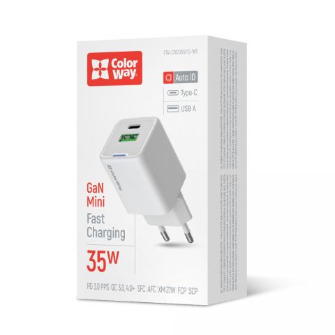 Сетевое зарядное устройство ColorWay GaN Mini 35W PD Port PPS USB (Type-C PD + USB QC4.0) White (CW-CHS055PD-WT)