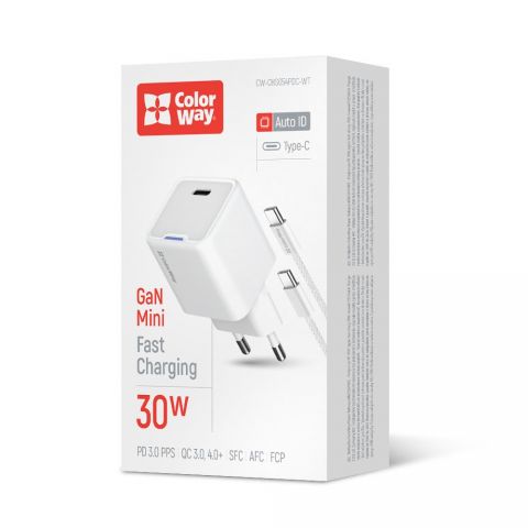 Сетевое зарядное устройство ColorWay GaN Mini 30W PD Port PPS USB-C White (CW-CHS054PDC-WT) + кабель USB Type-C