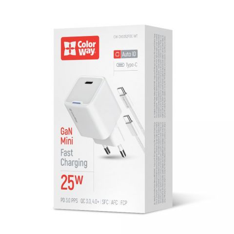 Сетевое зарядное устройство ColorWay GaN Mini 25W PD Port PPS USB-C White (CW-CHS052PDC-WT) + кабель USB Type-C