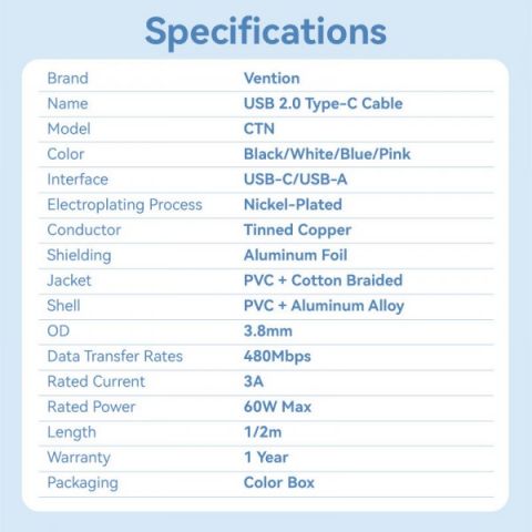 Кабель Vention USB - USB Type-C (M/M), 60W, 3A, 2 м, White (CTNWH)