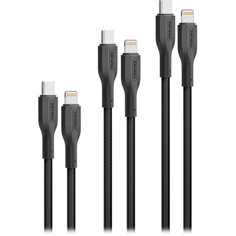 Комплект кабелей Promate USB Type-C - Lightning (M/M), 3A, 27W, 0.3 м, 1.2 м, 2 м Black (cablekit-ci)