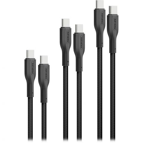 Комплект кабелей Promate USB Type-C - USB Type-C (M/M), 3A, 60W, 0.3 м, 1.2 м, 2 м Black (cablekit-cc.black)