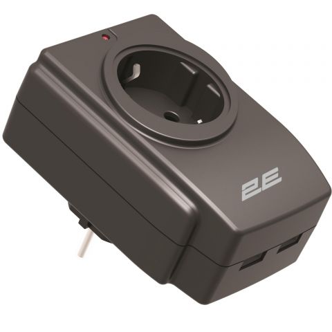 Сетевой адаптер 2E 1xТип F, 16A, 2xUSB-A, черный (2E-AD120U)