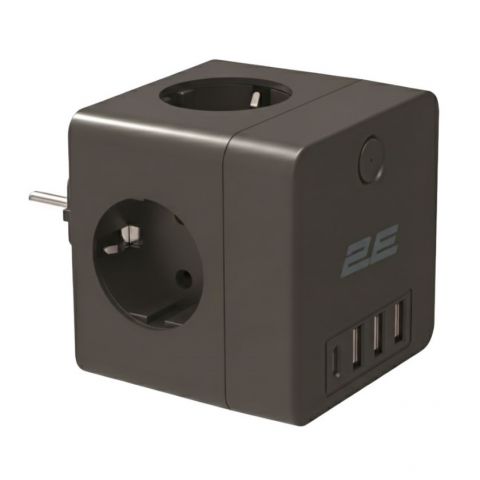 Сетевой адаптер 2E 4xТип F, 16A, 3xUSB-A, 1x USB-C, чёрный (2E-AD431BK)