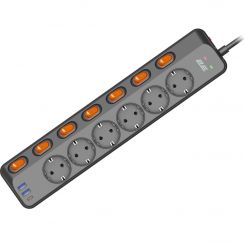 Сетевой фильтр 2E 6xТипF, 16A, 2xUSB-A, 1x USB-C, 3 м, чёрный (2E-SP6M3SWBK)