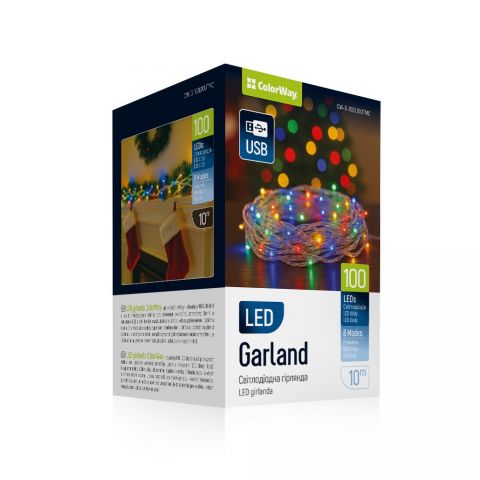 Світлодіодна гірлянда ColorWay (CW-G-100L10UTMC) 100LED, 10м, 8 функцій, різнокольорова (прозорий кабель) USB