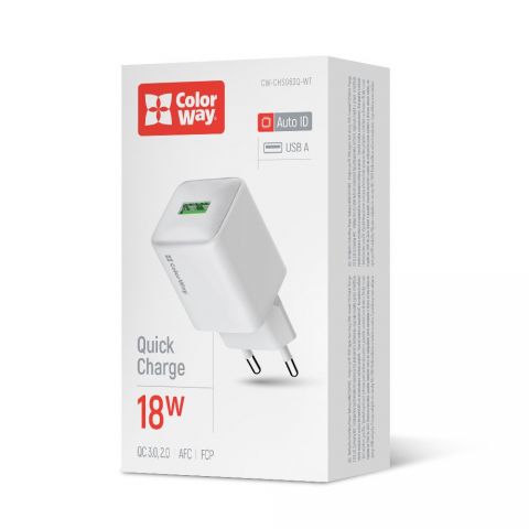 Сетевое зарядное устройство ColorWay 1USB Quick Charge 3.0 (18W) V2 White (CW-CHS063Q-WT)
