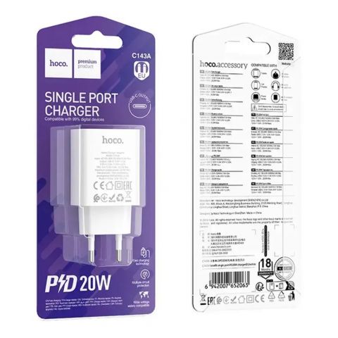 Сетевое зарядное устройство Hoco C143A (1USB-C, 3А) 20W White (6942007652063)