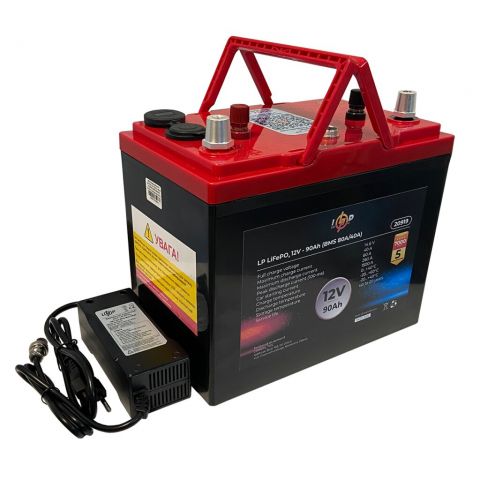 Аккумулятор LP LiFePO4 универсальный с зарядным устройством 12V (12,8V) - 90 Ah (1152Wh) (BMS 80A/40А) пластик