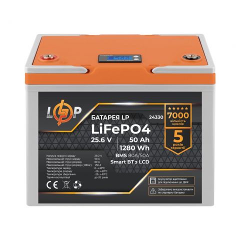 Аккумулятор LP LiFePO4 25,6V - 50 Ah (1280Wh) (BMS 80A/50А) пластик LCD Smart BT